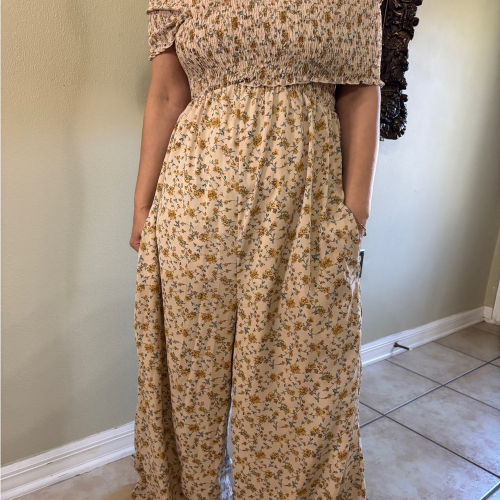 Sugarlips Floral Off-Shoulder Jumpsuit in Cream and Yellow